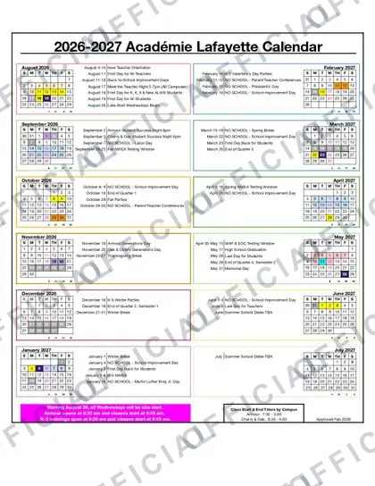 Académie Lafayette 2026-27 calendar