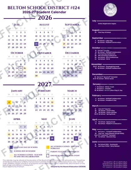 Belton School District 124 2026-27 calendar
