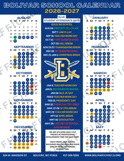 Bolivar School 2026-27 calendar