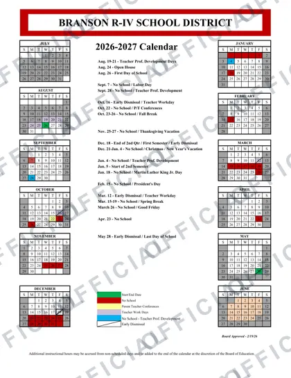 Branson R-IV School District 2026-27 calendar