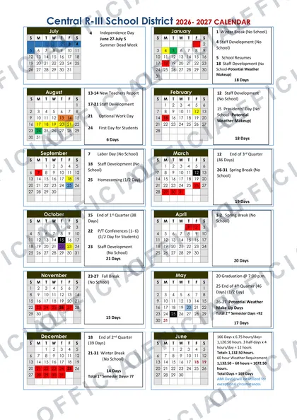 Central R-III School District 2026-27 calendar