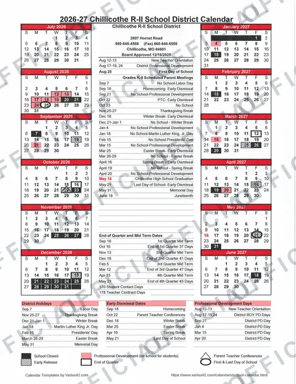 Chillicothe R-II School District 2026-27 calendar