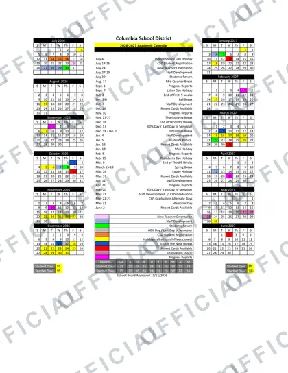 Columbia School District 2026-27 calendar