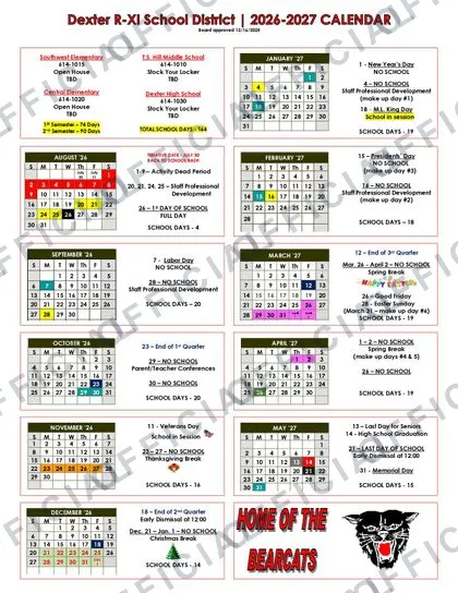 Dexter R-XI 2026-27 calendar