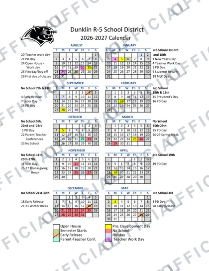 Dunklin R-5 School District 2026-27 calendar