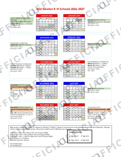 East Newton R-VI Schools 2026-27 calendar