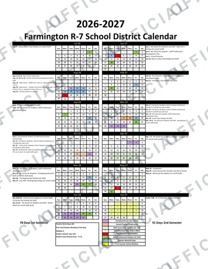 Farmington R-7 School District 2026-27 calendar