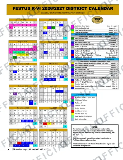 Festus R-VI 2026-27 calendar