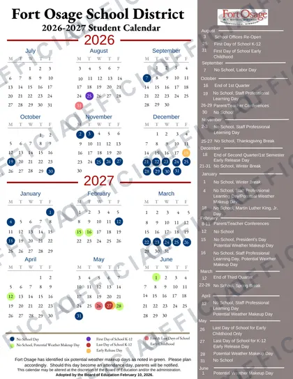 Fort Osage School District 2026-27 calendar