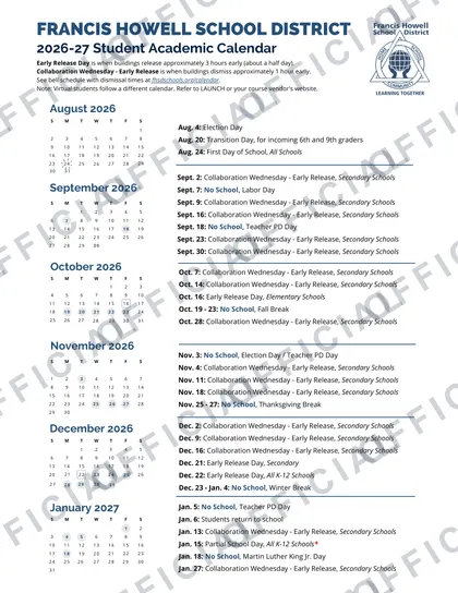 Francis Howell School District 2026-27 calendar
