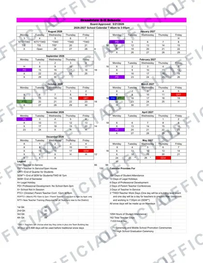 Grandview R-II Schools 2026-27 calendar