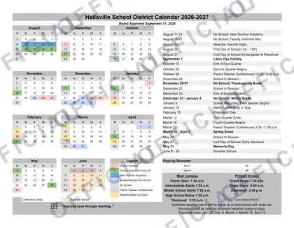 Hallsville School District 2026-27 calendar