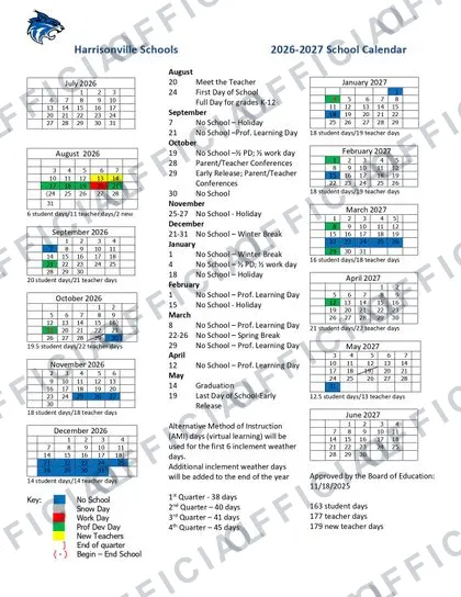 Harrisonville Schools 2026-27 calendar