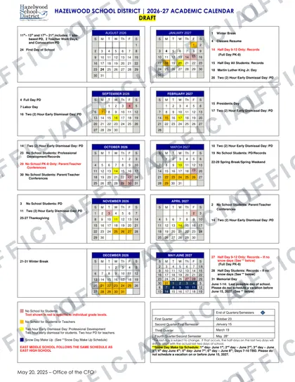 Hazelwood School District 2026-27 calendar