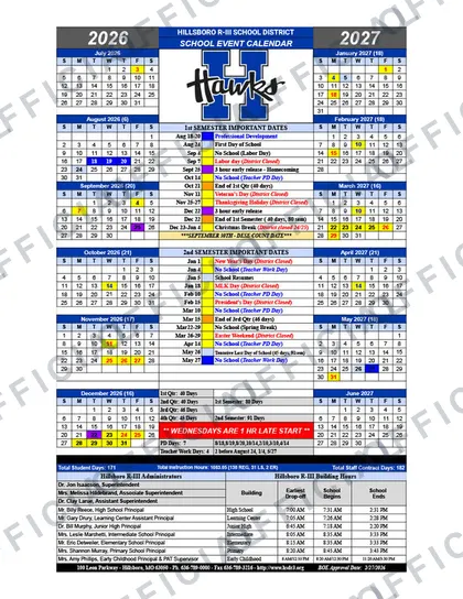 Hillsboro R-3 School District 2026-27 calendar