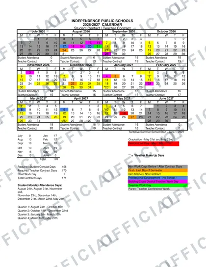 Independence Public Schools 2026-27 calendar