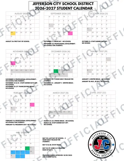 Jefferson City School District 2026-27 calendar