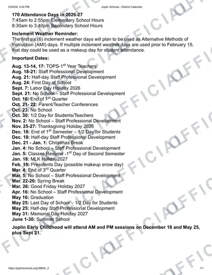 Joplin Schools 2026-27 calendar