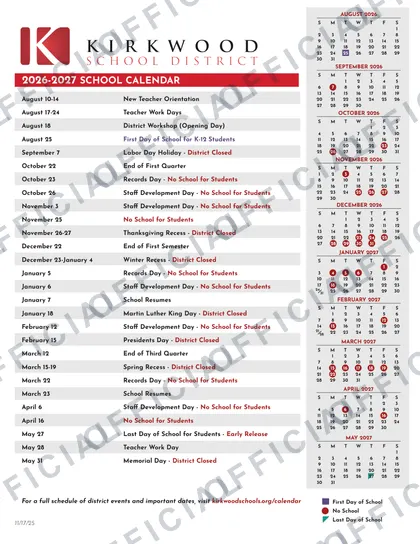 Kirkwood School District 2026-27 calendar