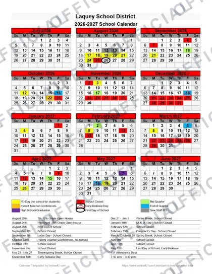 Laquey School District 2026-27 calendar