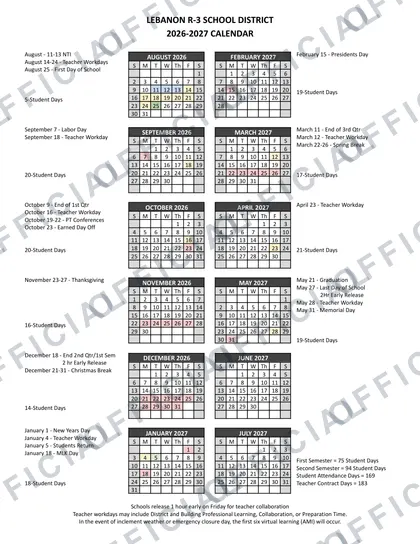 Lebanon R-3 School District 2026-27 calendar