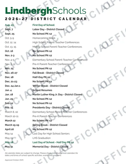 Lindbergh Schools 2026-27 calendar