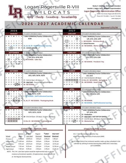 Logan-Rogersville R-VIII Wildcats 2026-27 calendar