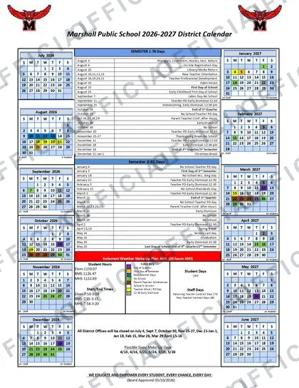 Marshall Public School 2026-27 calendar