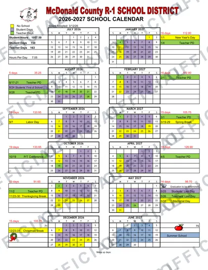 McDonald County R-1 School District 2026-27 calendar
