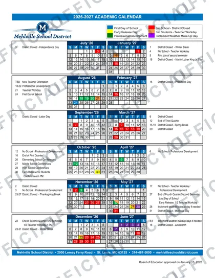 Mehlville School District 2026-27 calendar