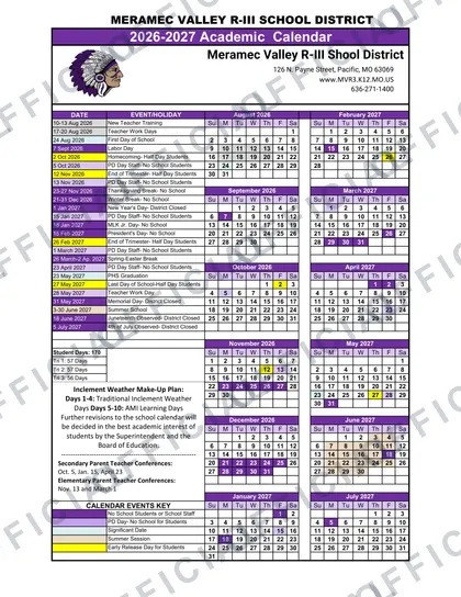 Meramec Valley R-III School District 2026-27 calendar