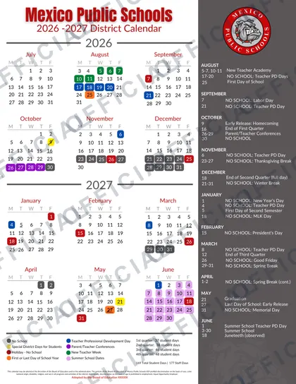 Mexico Public Schools 2026-27 calendar