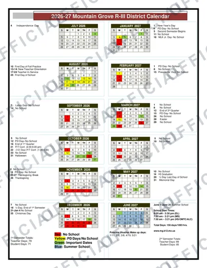 Mountain Grove R-III District 2026-27 calendar