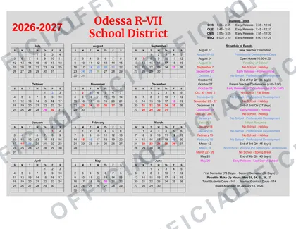 Odessa R-VII School District 2026-27 calendar