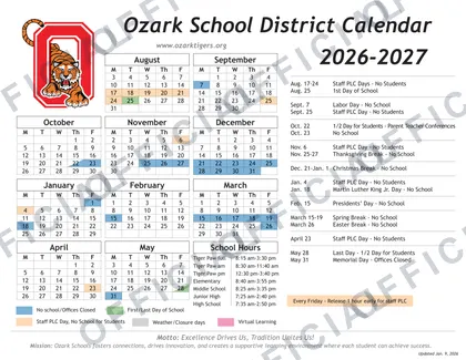 Ozark School District 2026-27 calendar