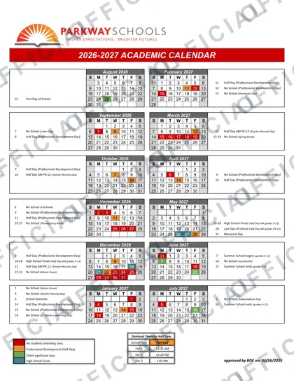 Parkway Schools 2026-27 calendar
