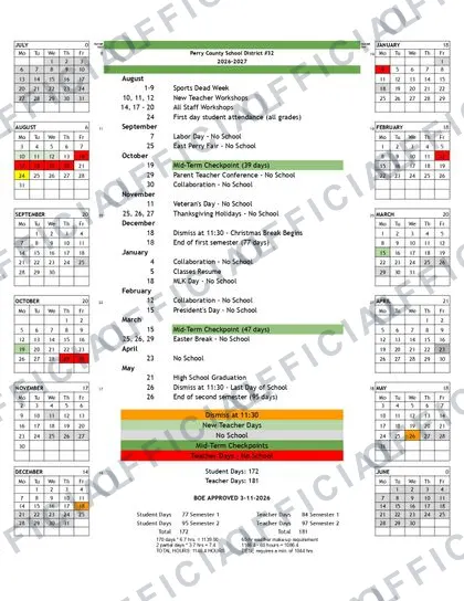 Perry County School District #32 2026-27 calendar