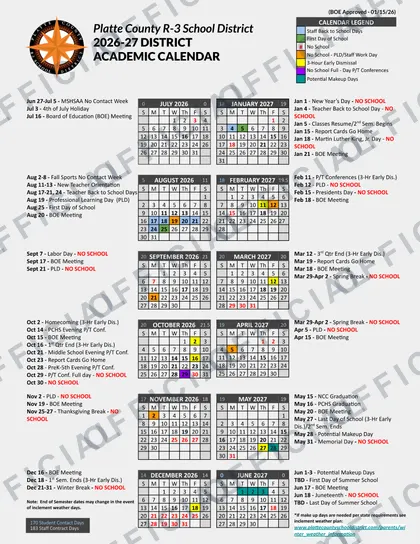 Platte County R-3 School District 2026-27 calendar