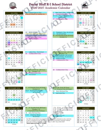 Poplar Bluff R-I School District 2026-27 calendar