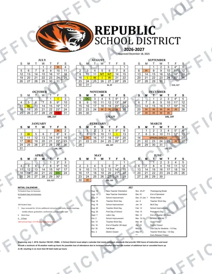 Republic School District 2026-27 calendar