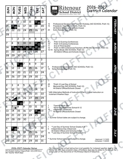 Ritenour School District 2026-27 calendar