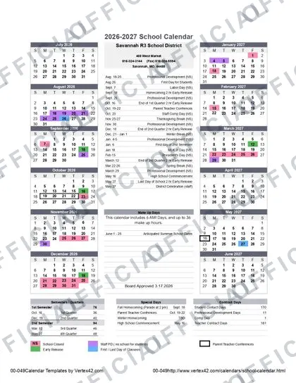 Savannah R3 School 2026-27 calendar