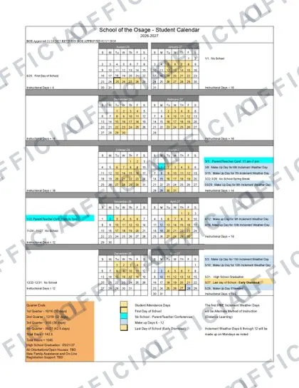 School of the Osage 2026-27 calendar