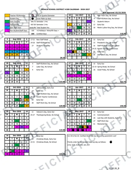 Sedalia School District #200 2026-27 calendar