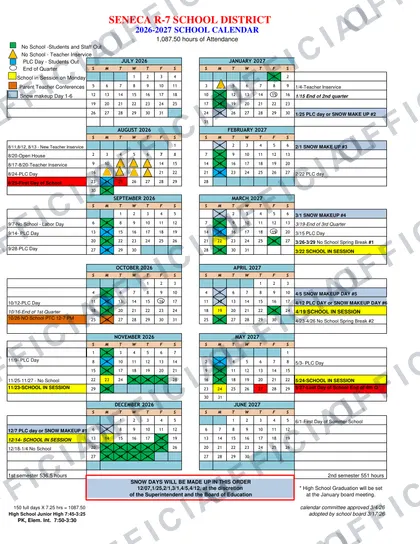 Seneca R-7 School District 2026-27 calendar