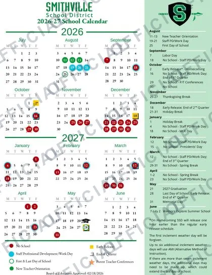 Smithville School District 2026-27 calendar