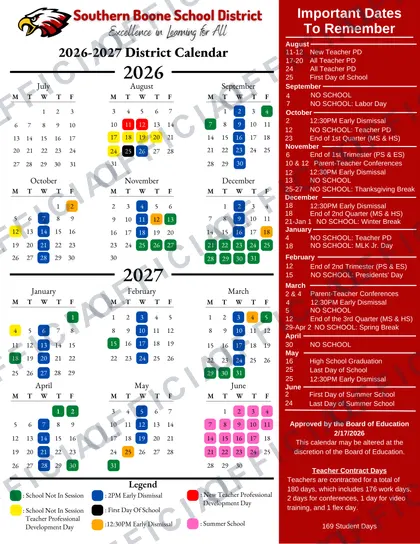 Southern Boone School District 2026-27 calendar