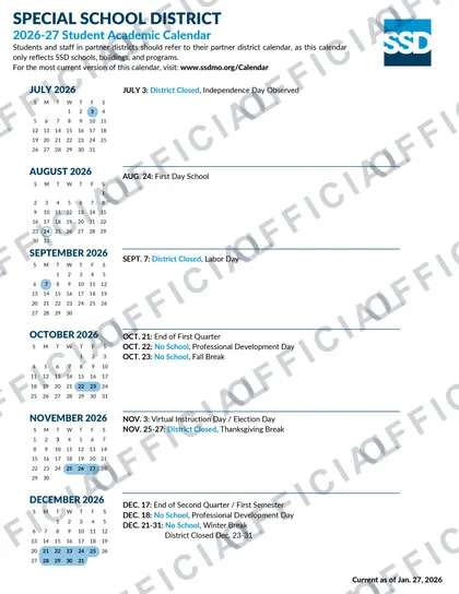 Special School District 2026-27 calendar