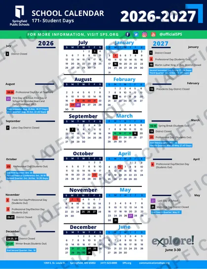 Springfield Public Schools 2026-27 calendar