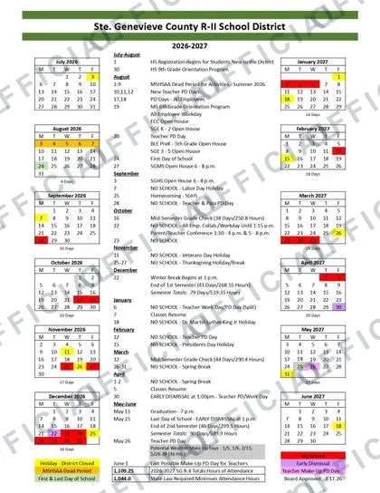 Ste. Genevieve County R-II 2026-27 calendar